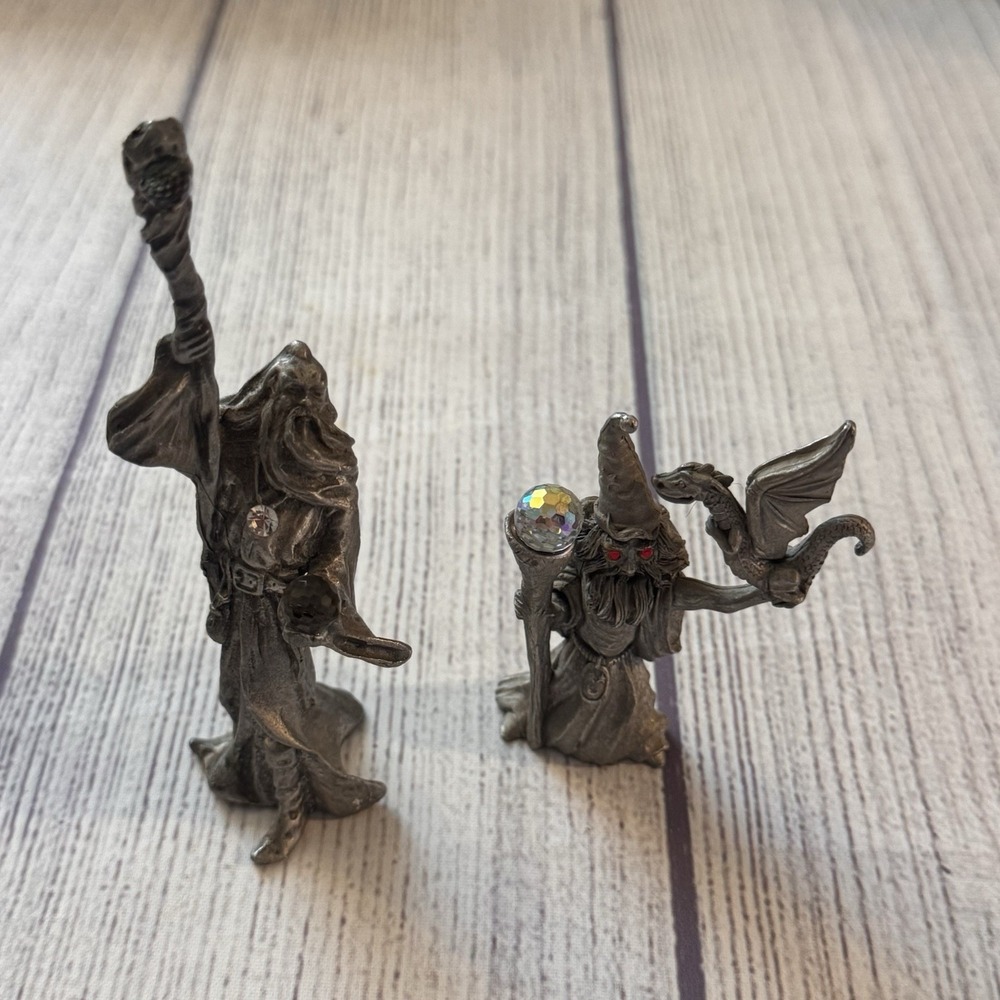 Vintage 1987 Spoontiques Pewter Wizard Dragon Crystal Figurines Lot of 2 Fantasy